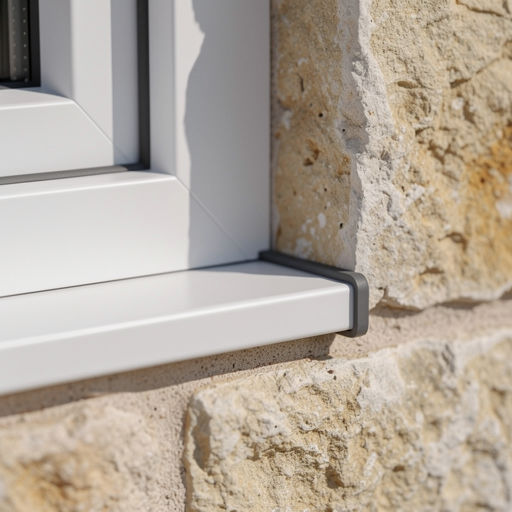 close-up van sponning en compressieafdichting van wit kunststof kozijn in gemetselde gevel in Heerlen