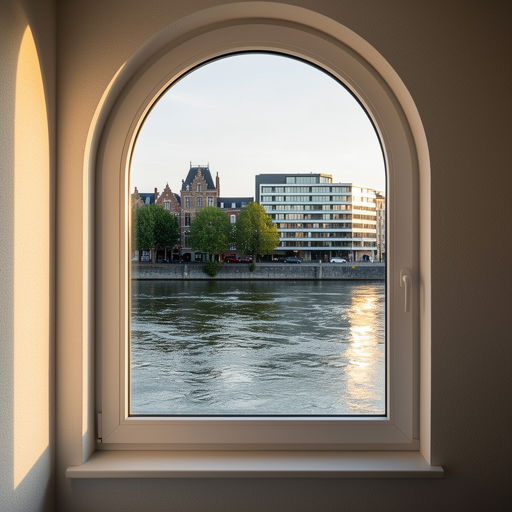 uitzicht vanuit Maastrichts appartement door wit kunststof bogenkozijn op de Maas en overkant