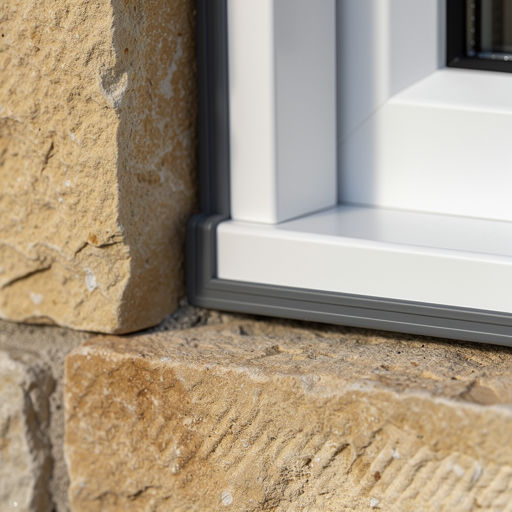 detail van wit kunststof kozijn in gemetselde gevel van woning in Susteren met zichtbare rubberafdichting