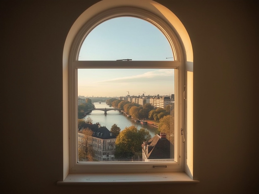 uitzicht vanuit Venloos appartement door wit kunststof bogenkozijn op de Maas en omliggende bebouwing