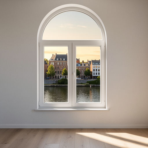 uitzicht vanuit woonkamer in Urmond door wit kunststof bogenkozijn op straat en groene omgeving
