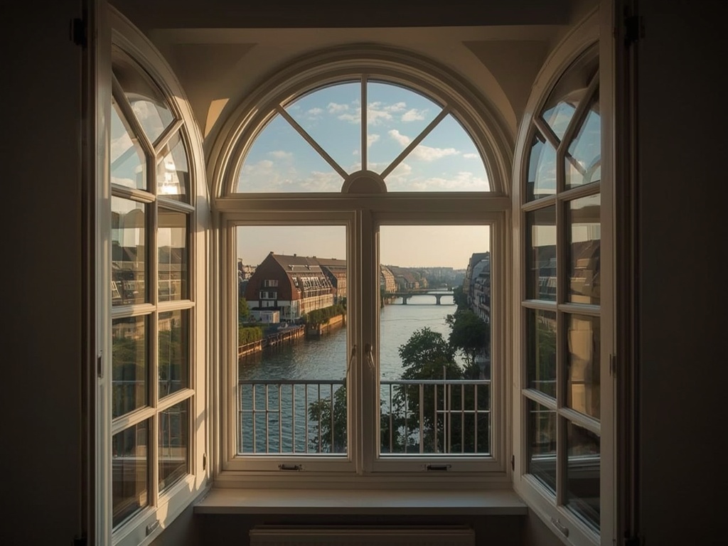 uitzicht vanuit appartement in Elsloo door wit kunststof bogenkozijn richting het Maasdal