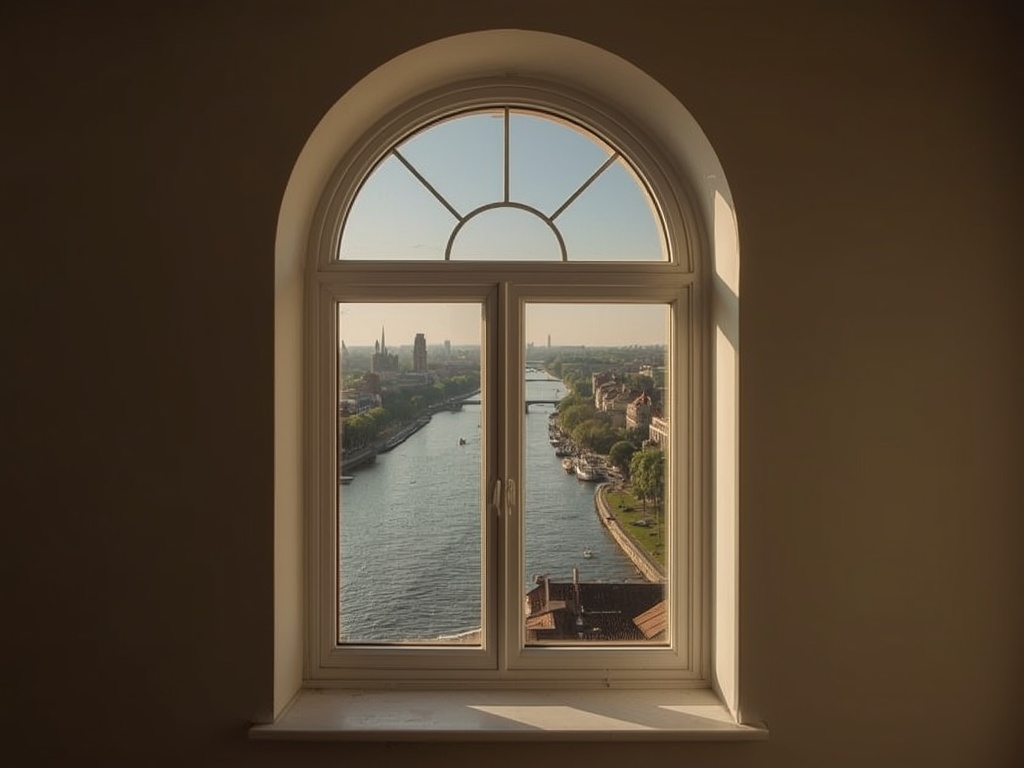 uitzicht vanuit Meerssens appartement door wit kunststof bogenkozijn op de Geul en omliggende bebouwing