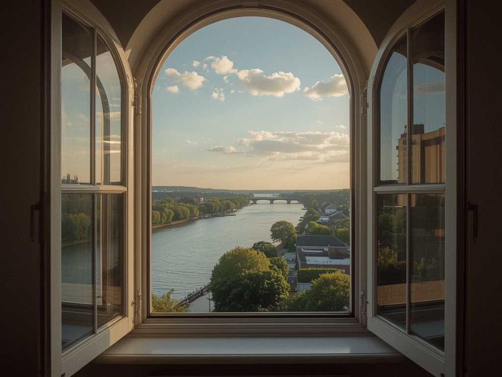 uitzicht vanuit Roermonds appartement door wit kunststof bogenkozijn op de Roer en tegenoverliggende kade