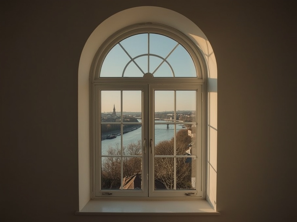 uitzicht vanuit Eijsdens woonhuis door wit kunststof bogenkozijn over de Maas en de overkant
