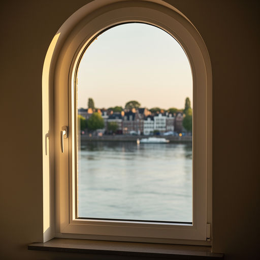 uitzicht vanuit Valkenburgs appartement door wit kunststof bogenkozijn op de Geul en overkant