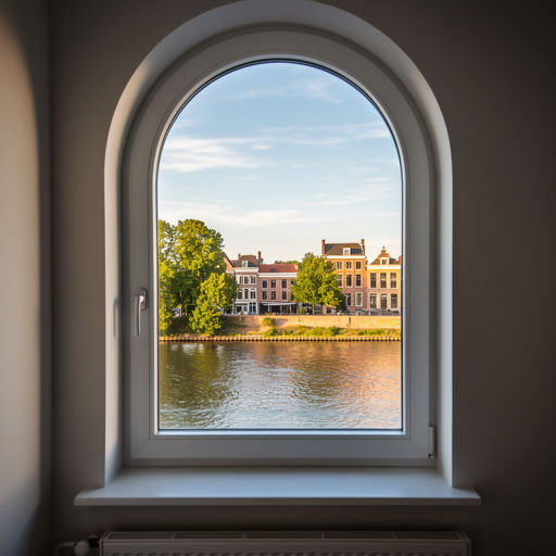 uitzicht vanuit woonkamer in Beek door wit kunststof kozijn op straat en groenvoorziening