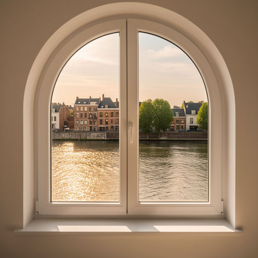 uitzicht vanuit woning in Montfort door wit kunststof kozijn op dorpsstraat en groen