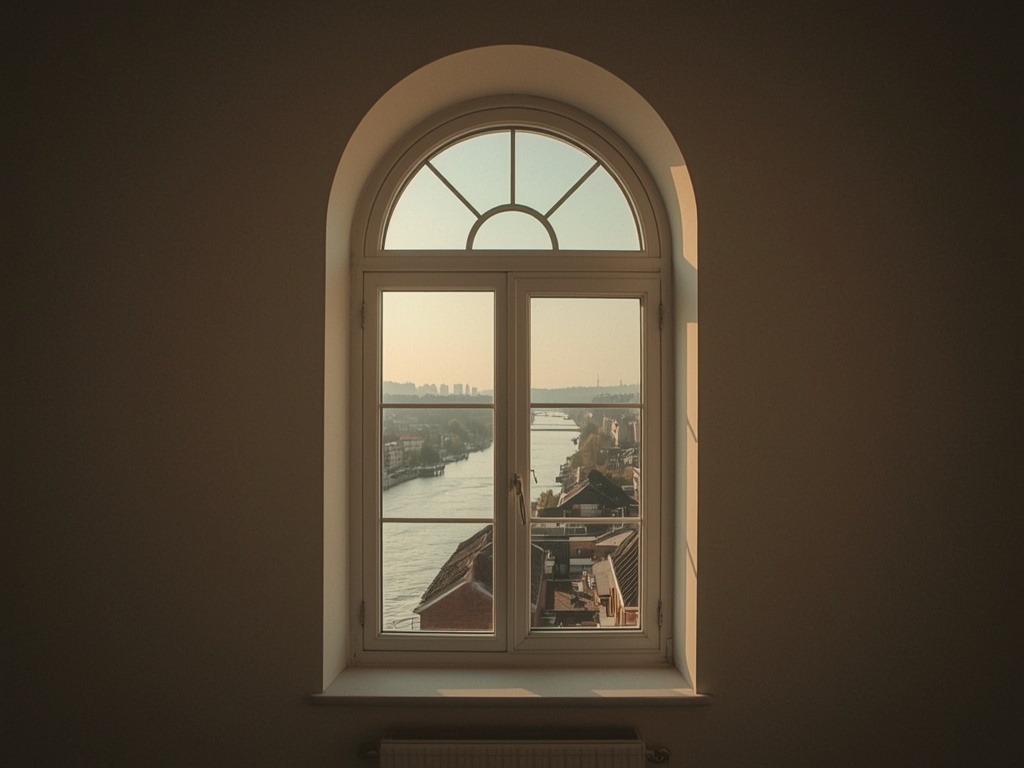 uitzicht vanuit appartement in Vaals door wit kunststof bogenkozijn op groen heuvellandschap