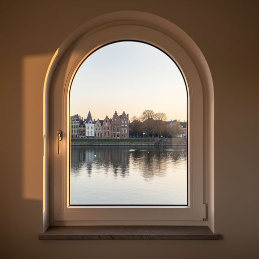 uitzicht vanuit woonkamer in Stein door wit kunststof bogenkozijn op tuin en omliggende straat