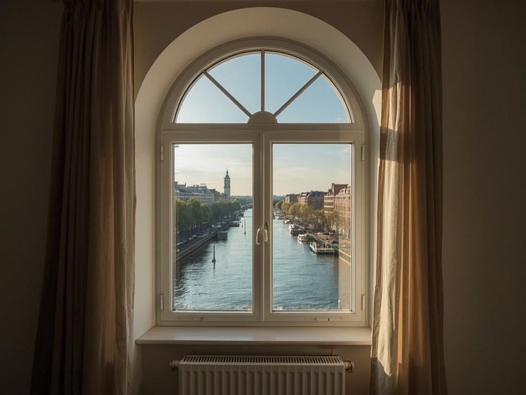 uitzicht vanuit Sittards appartement door wit kunststof bogenkozijn op woonwijk en groen