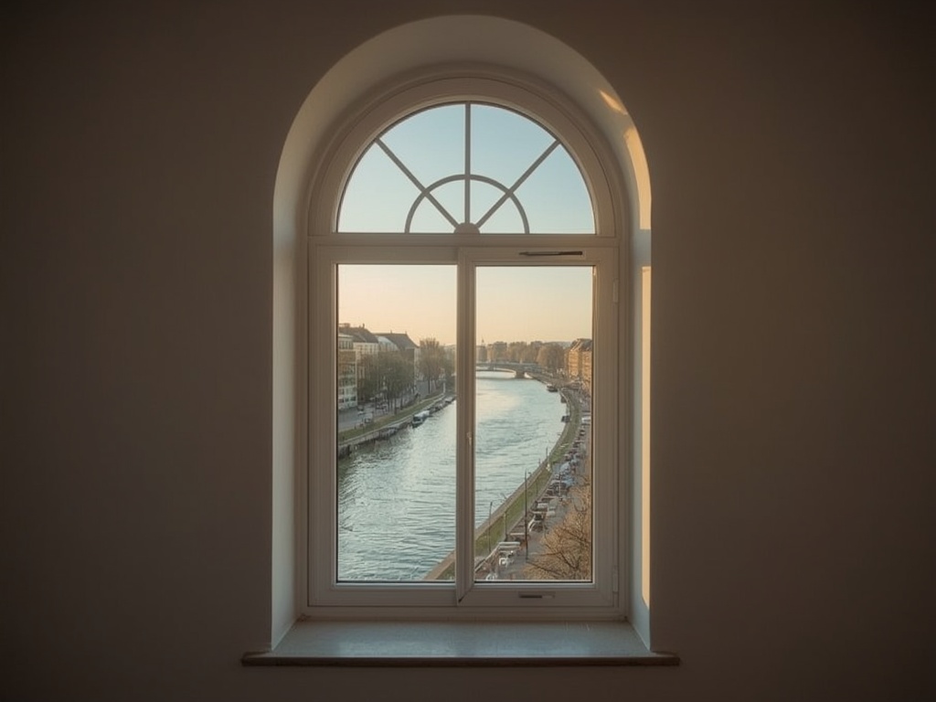 uitzicht vanuit woning in Berg en Terblijt door wit kunststof bogenkozijn over het heuvelachtige landschap