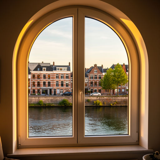 uitzicht vanuit appartement in Kerkrade door wit kunststof raamkozijn op woonwijk met groen