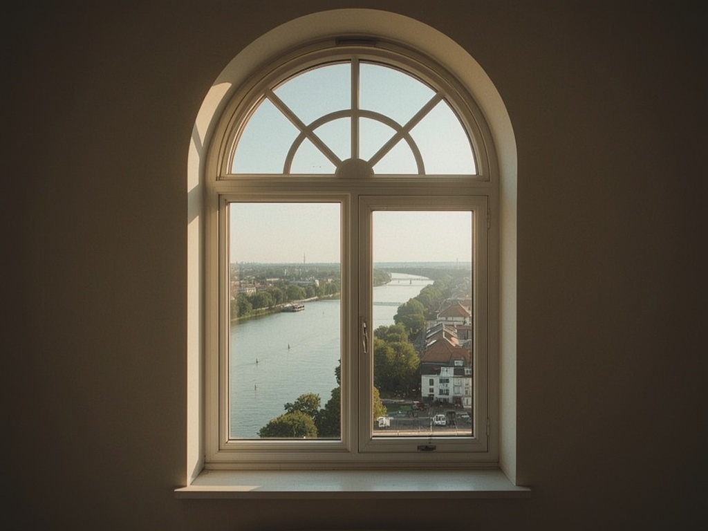 uitzicht vanuit appartement in Landgraaf door wit kunststof bogenkozijn op woonstraat en groen