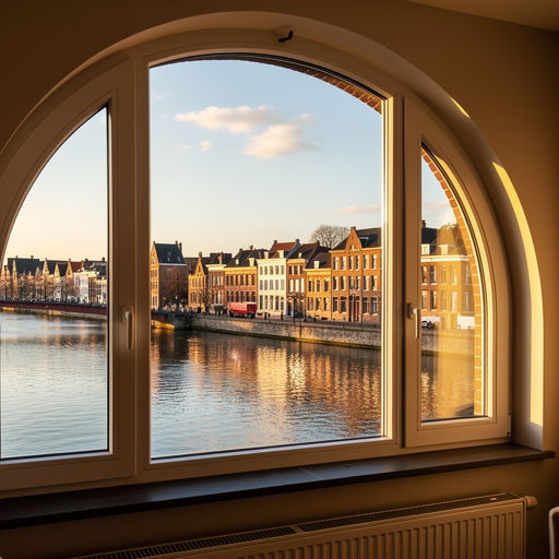uitzicht vanuit woonkamer in Echt door wit kunststof raamkozijn op tuin en achterliggende woningen