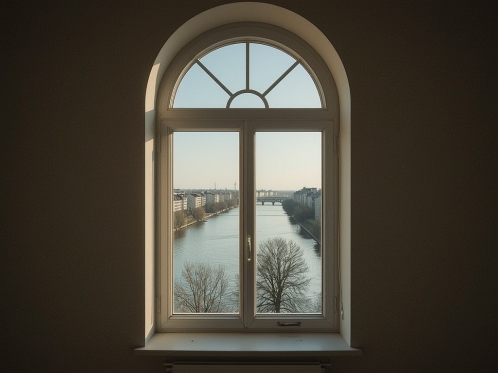 uitzicht vanuit Heerlens appartement door wit kunststof bogenkozijn over de stad