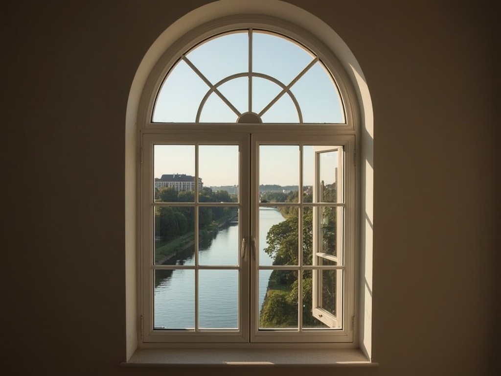 uitzicht vanuit Maastrichts appartement door wit kunststof bogenkozijn op de Maas en overkant